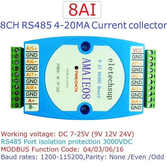 AMAIE08 8CH 4-20mA to RS485 Current Collector – Modbus RTU Analog Input Module for 3-Wire Sensor PLC Industrial Automation
