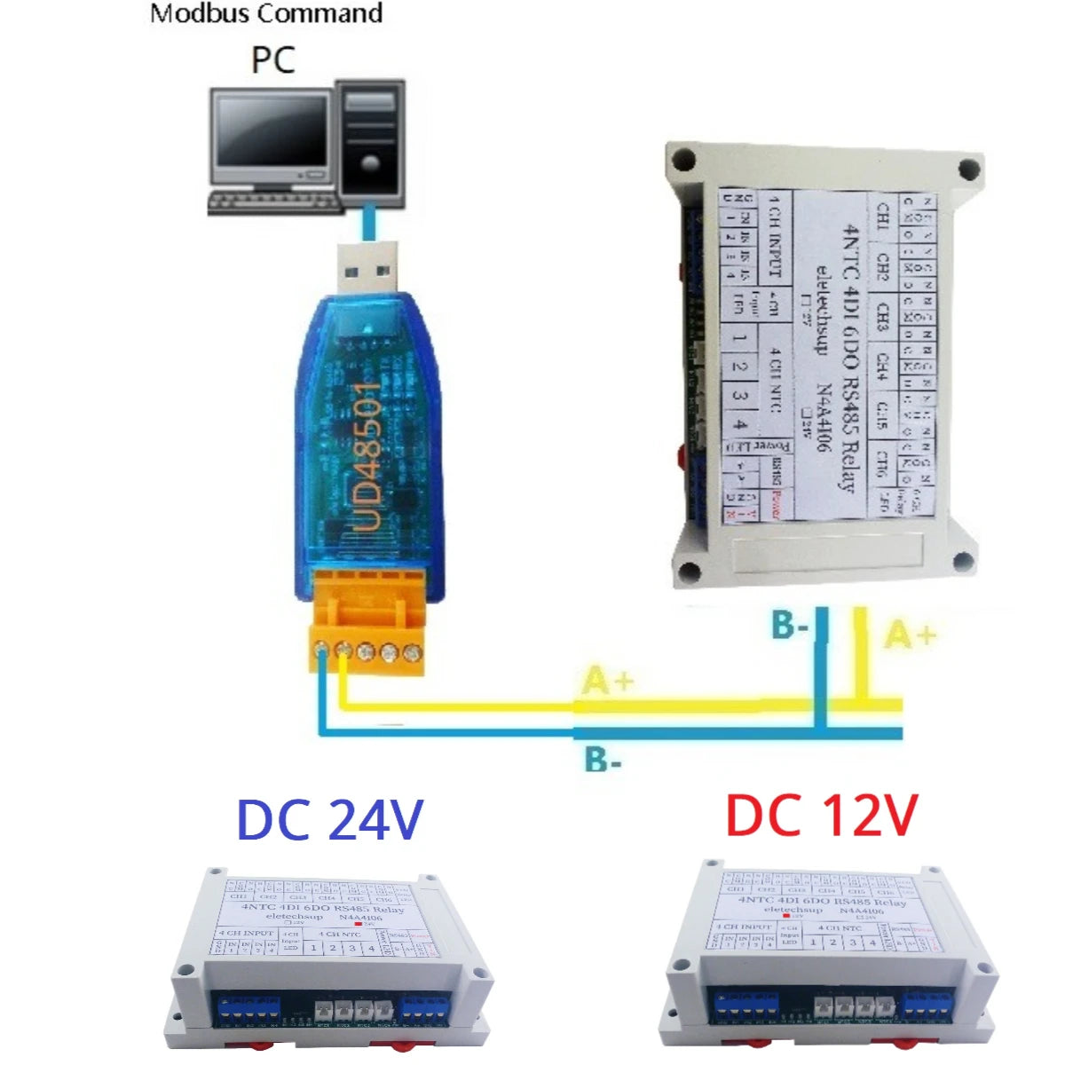N4A4I06 4AI-4DI-6DO NTC Temperature Collector – 14CH RS485 Modbus RTU PLC IO Expansion Board with 10A Relay Output for Industrial Automation