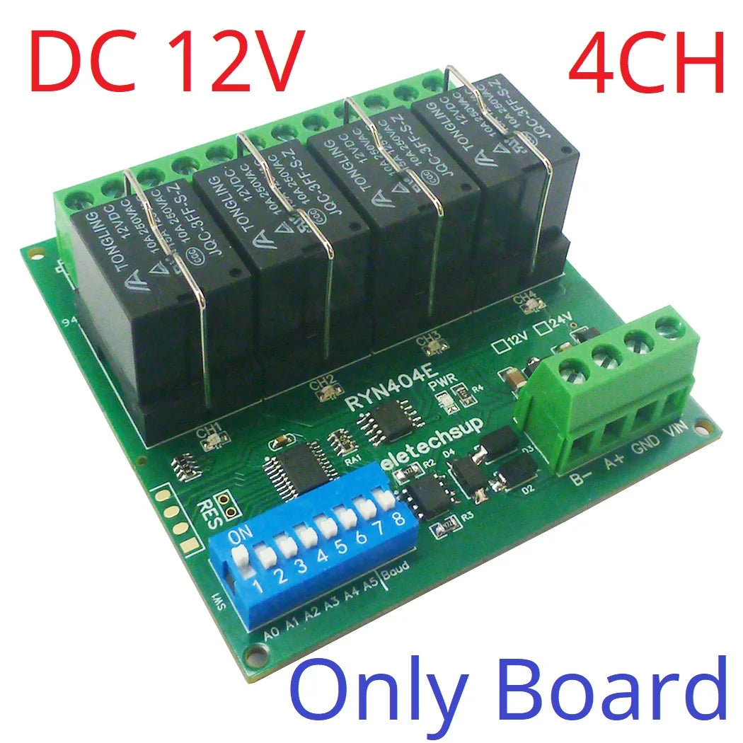 RYN404E/RYN408F 4/8CH Pluggable Relay Module – RS485 Modbus RTU with DIP Switch Slave ID & Baud Rate for PLC Automation
