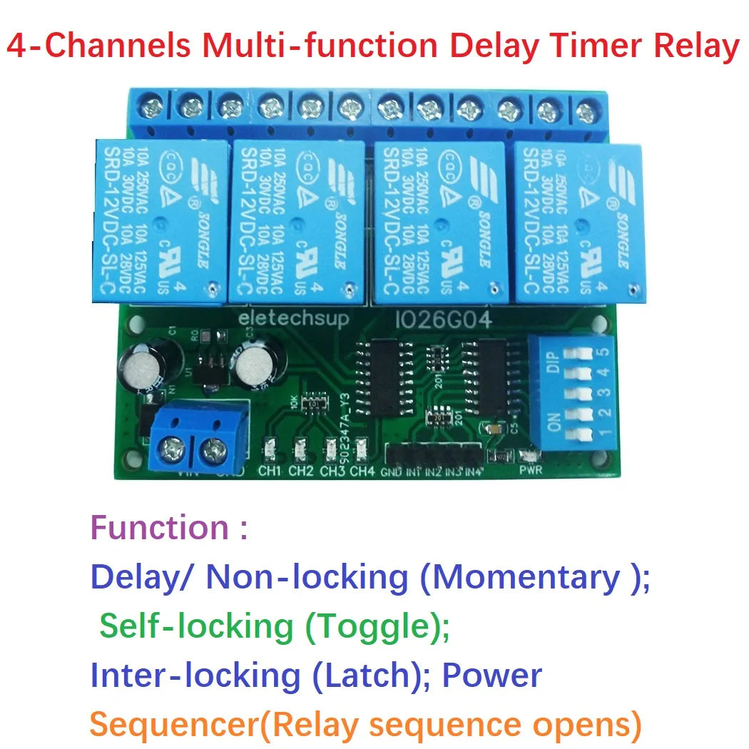 IO26G04 4CH Multifunction Delay Relay Module – DC 5V/12V/24V Timer Switch with Flip-Flop Latch Self-Locking Interlock for PLC Power Sequencer