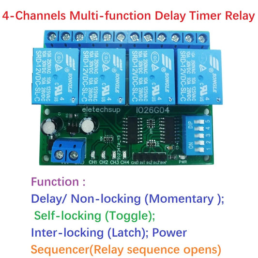IO26G04 4CH Multifunction Delay Relay Module – DC 5V/12V/24V Timer Switch with Flip-Flop Latch Self-Locking Interlock for PLC Power Sequencer