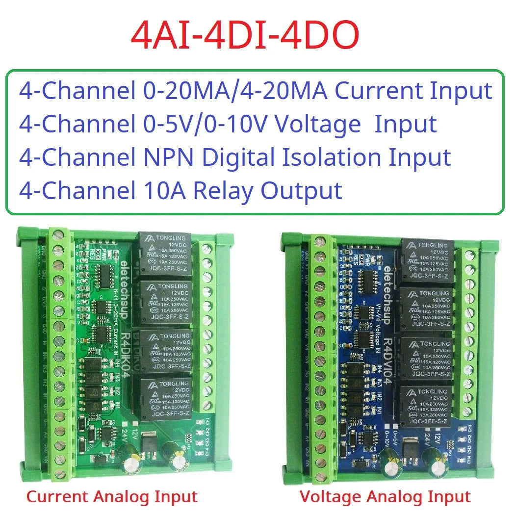 R4DIK04/R4DVI04 4AI-4DI-4DO Mixed IO Module – RS485 Modbus RTU 4-20mA/0-10V Analog Digital Relay Board for PLC Remote IO Expansion