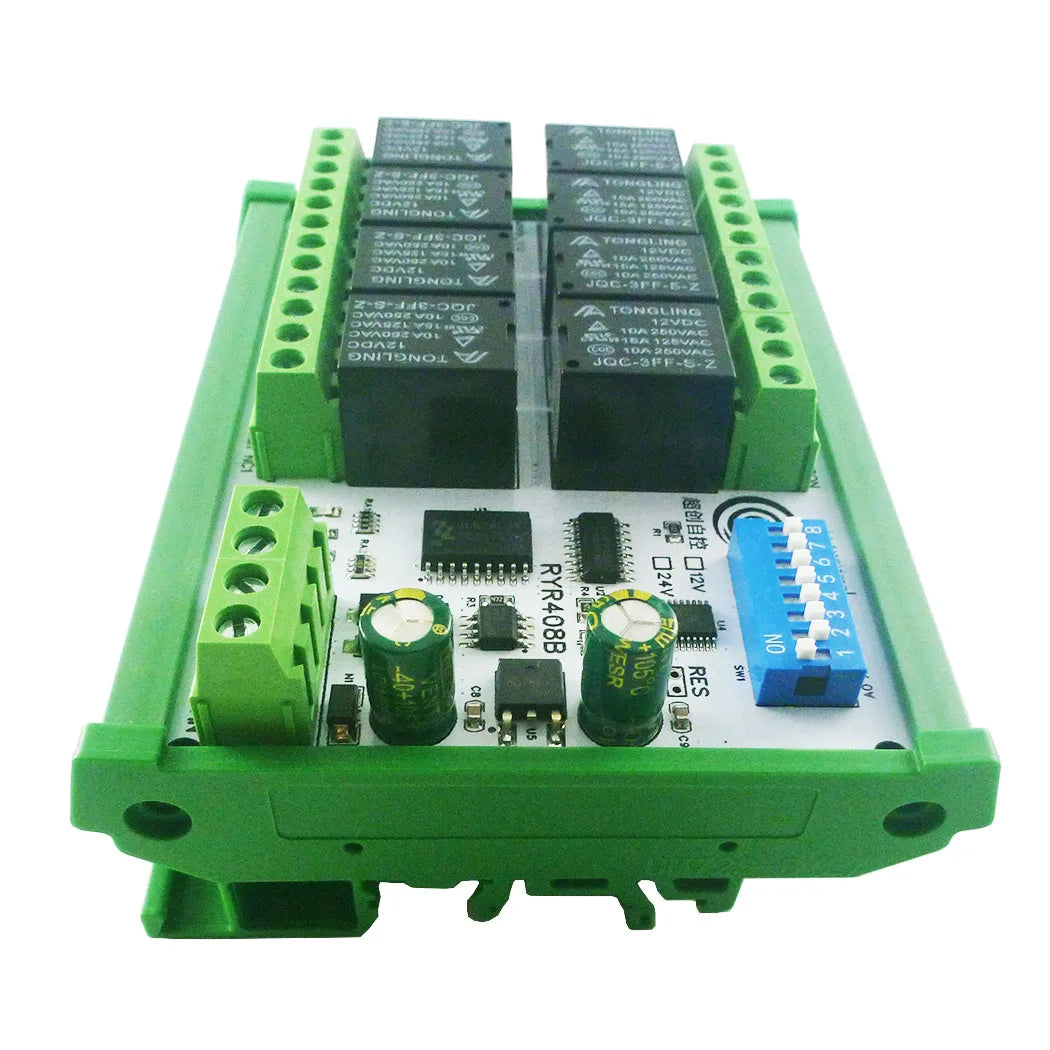 RYR408B 8CH 10A RS485 Relay Module – DIP Switch Configurable Modbus RTU PLC Remote IO Board with 8 Commands for Industrial Automation