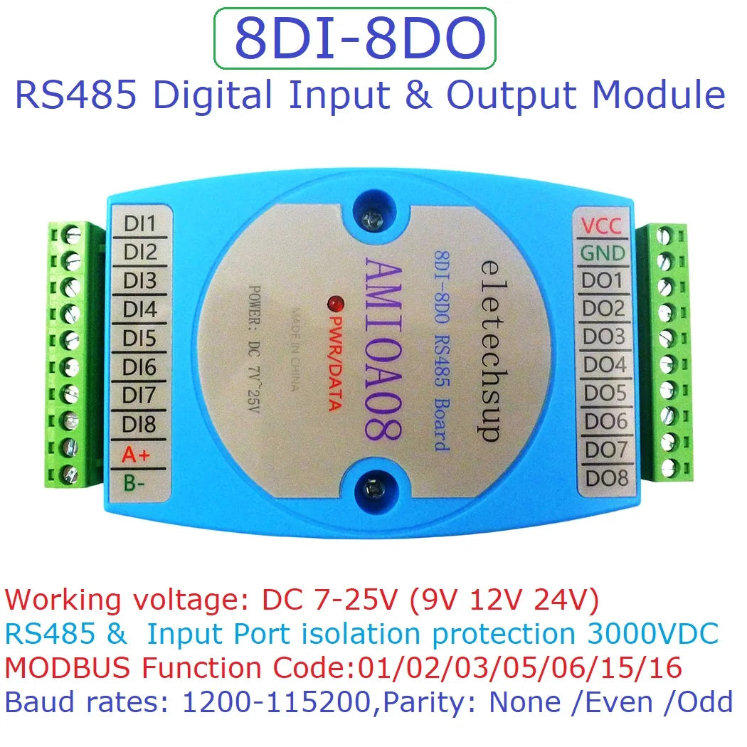 AMDIB16/AMIOA08 8DI-8DO/16DI-16DO RS485 Modbus RTU PLC Expansion Board – DC 9-24V Isolated Digital I/O with 3000VDC Protection