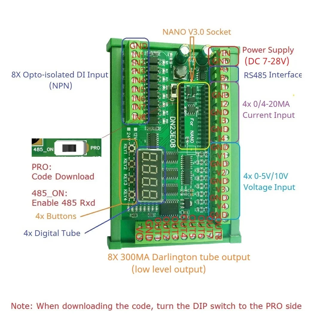 DN23E08/DN24F08 8DI-8AI-8DO IO Expansion Board for Arduino Nano V3.0 – RS485 Modbus RTU PLC Module with 4-20mA/0-10V Analog Input