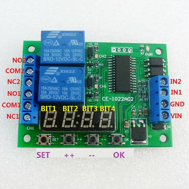 IO22A02 2CH 10A Multifunction Delay Timer Relay – DC 12V 6-Mode Programmable Timer Switch with 99H Range for PLC LED Motor Control