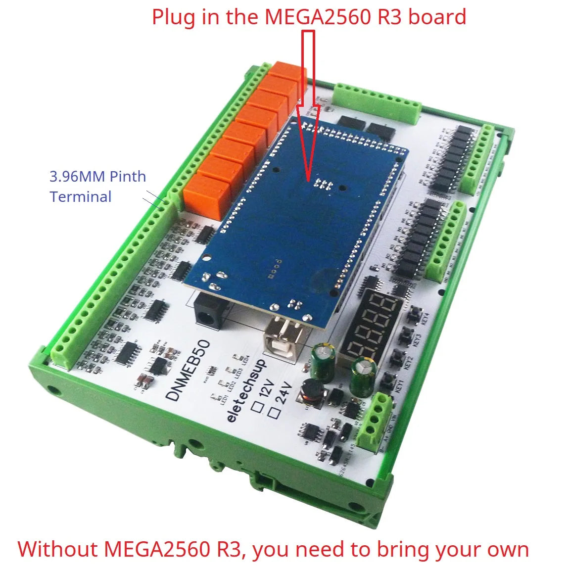 DNMEB50 16AI 16DI 16DO RS485 Modbus I/O and Relay Expansion Board, Compatible with Arduino MEGA 2560 and PLC Control