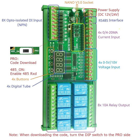 DN23E08/DN24F08 8DI-8AI-8DO IO Expansion Board for Arduino Nano V3.0 – RS485 Modbus RTU PLC Module with 4-20mA/0-10V Analog Input