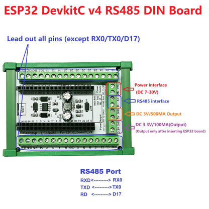 ES38485 ESP32 DevKitC V4 RS485 DIN Rail Expansion Board – 38PIN 2.4G WiFi BLE IoT Remote IO with 7-30V Power Input & 5V 3.3V Output