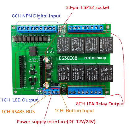 ES30E08 8CH 10A WiFi Relay Expansion Board – 30-Pin ESP32 Programmable Module with RS485 Modbus & 8DI for Smart Home IoT