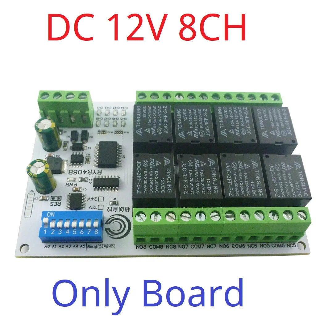 RYR408B 8CH 10A RS485 Relay Module – DIP Switch Configurable Modbus RTU PLC Remote IO Board with 8 Commands for Industrial Automation