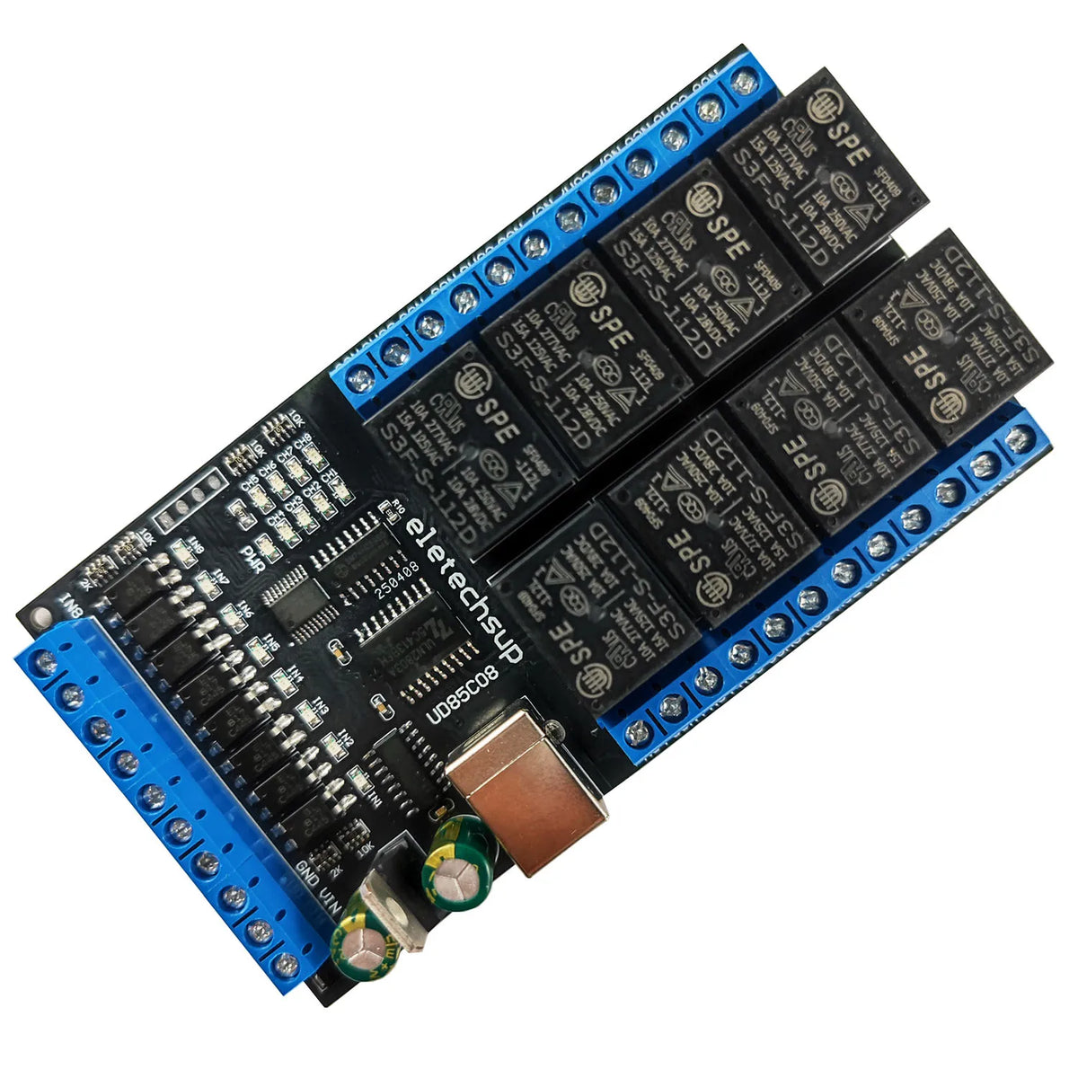 UD85C08 8-Channel USB UART Serial Relay Module with Digital Input/Output, DC 12V/24V for Windows, Linux, macOS and Android