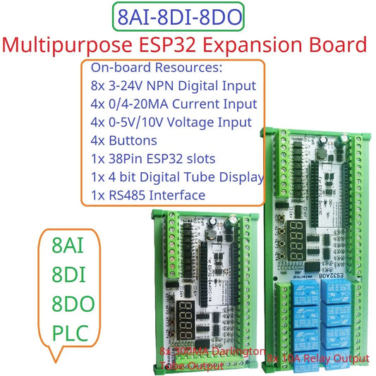 ES32A08/ES33B08 ESP32 Industrial IO Expansion Board – 8AI-8DI-8DO Relay Module with RS485 Modbus & WiFi for PLC Automation IoT DIY