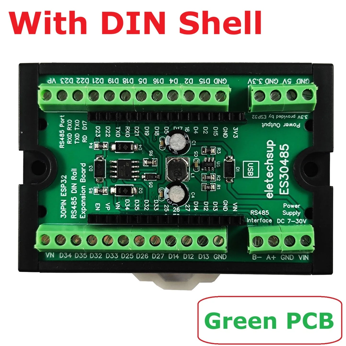 ES30485 ESP32 DIN Rail Expansion Board – 7-30V to 5V/3.3V Power Module with RS485 for WiFi Bluetooth IoT MQTT Smart Home DIY