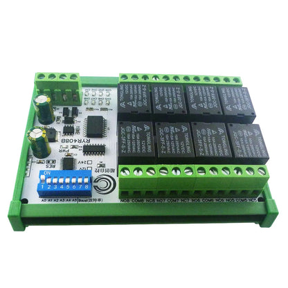 RYR408B 8CH 10A RS485 Relay Module – DIP Switch Configurable Modbus RTU PLC Remote IO Board with 8 Commands for Industrial Automation