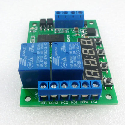 IO22A02 2CH 10A Multifunction Delay Timer Relay – DC 12V 6-Mode Programmable Timer Switch with 99H Range for PLC LED Motor Control