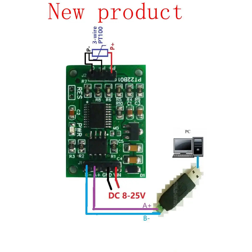 PT22B01 RS485 PT100 RTD Temperature Module – -40~500°C 1-Channel Modbus RTU Sensor Board for PLC SCADA Industrial Automation