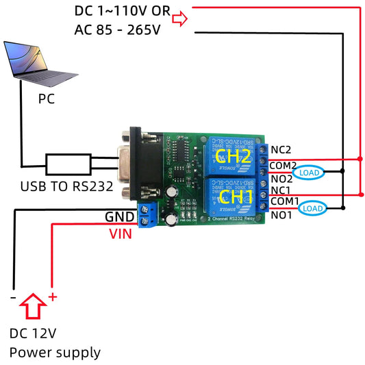 N228D02 2CH RS232 Relay Module – DC 12V/24V DB9 Serial Port Switch Board with 10A Output for PC PLC Motor LED PTZ Control