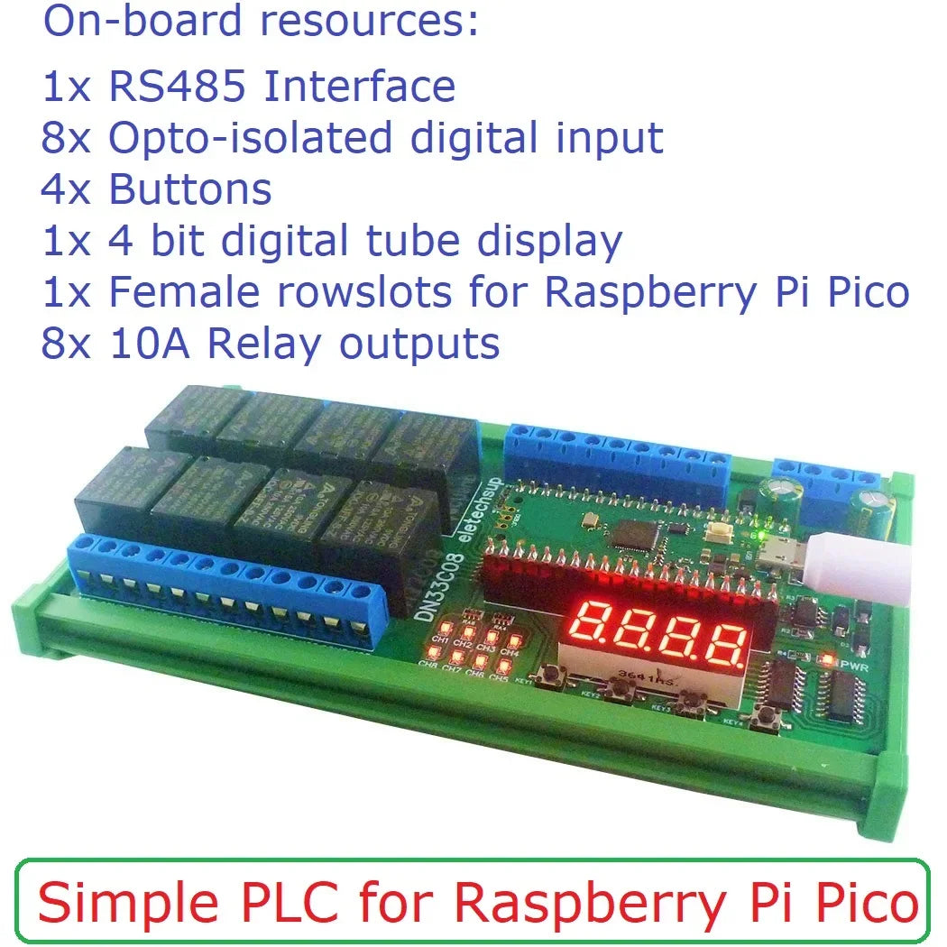 DN33C08 8CH RS485 Modbus RTU Relay Module – Multifunction Timer Expansion Board for Raspberry Pi Pico Simple PLC Python C++