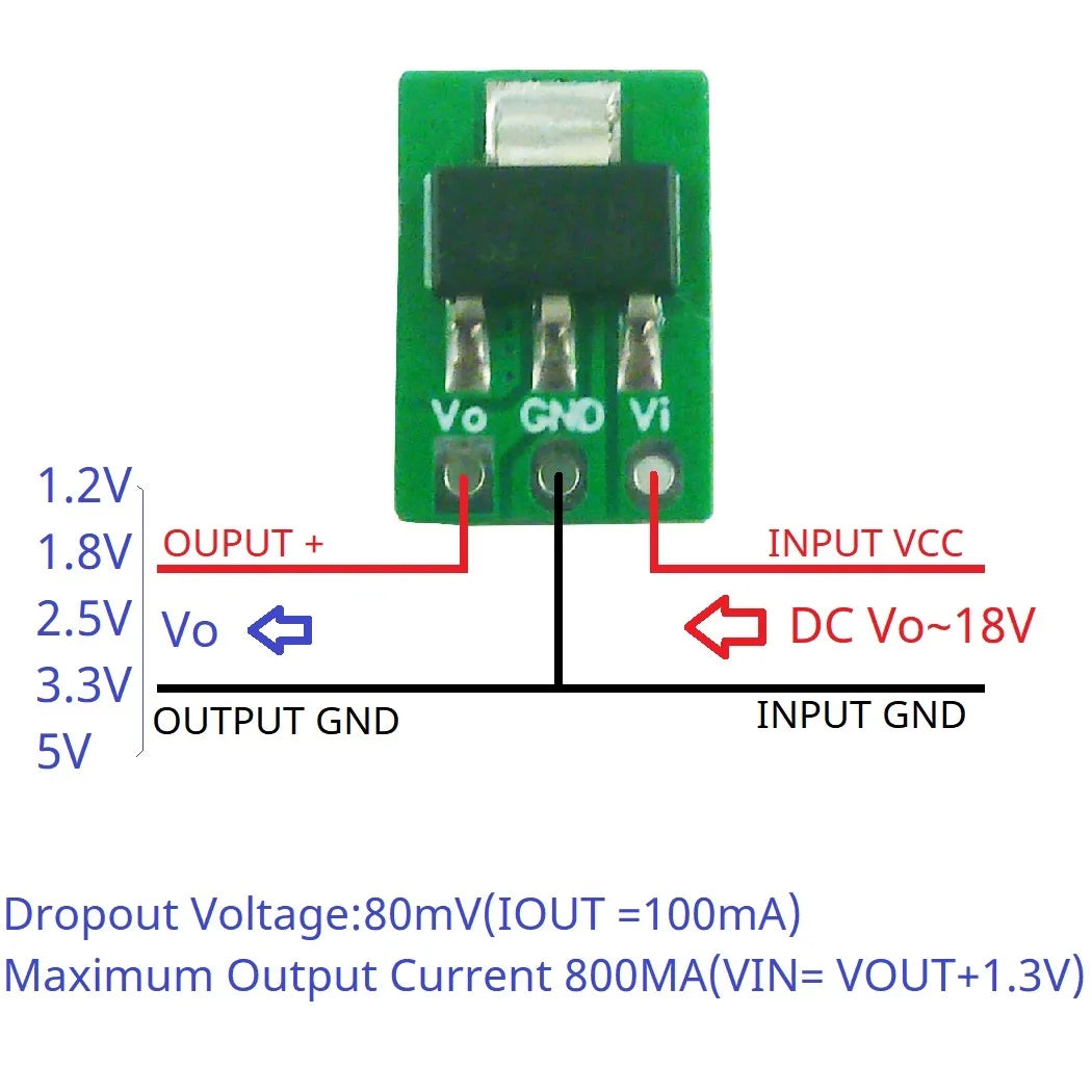 LO1117MB 1A Ultra-Low Dropout LDO Regulator – 2.5-18V to 1.2V/1.8V/2.5V/3.3V/5V Step-Down Module for Li-ion LiFePO4 Solar Battery