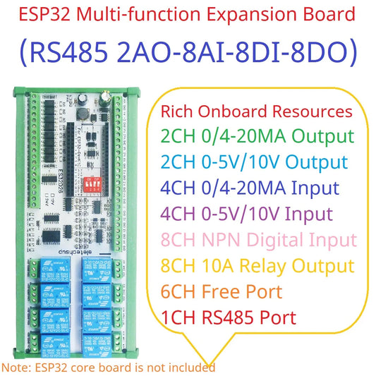 ES32D26 ESP32 Industrial IO Board – 8AI 8DI 8DO 2AO WiFi Relay Module with 4-20mA/0-10V for Smart Home IoT Simple PLC