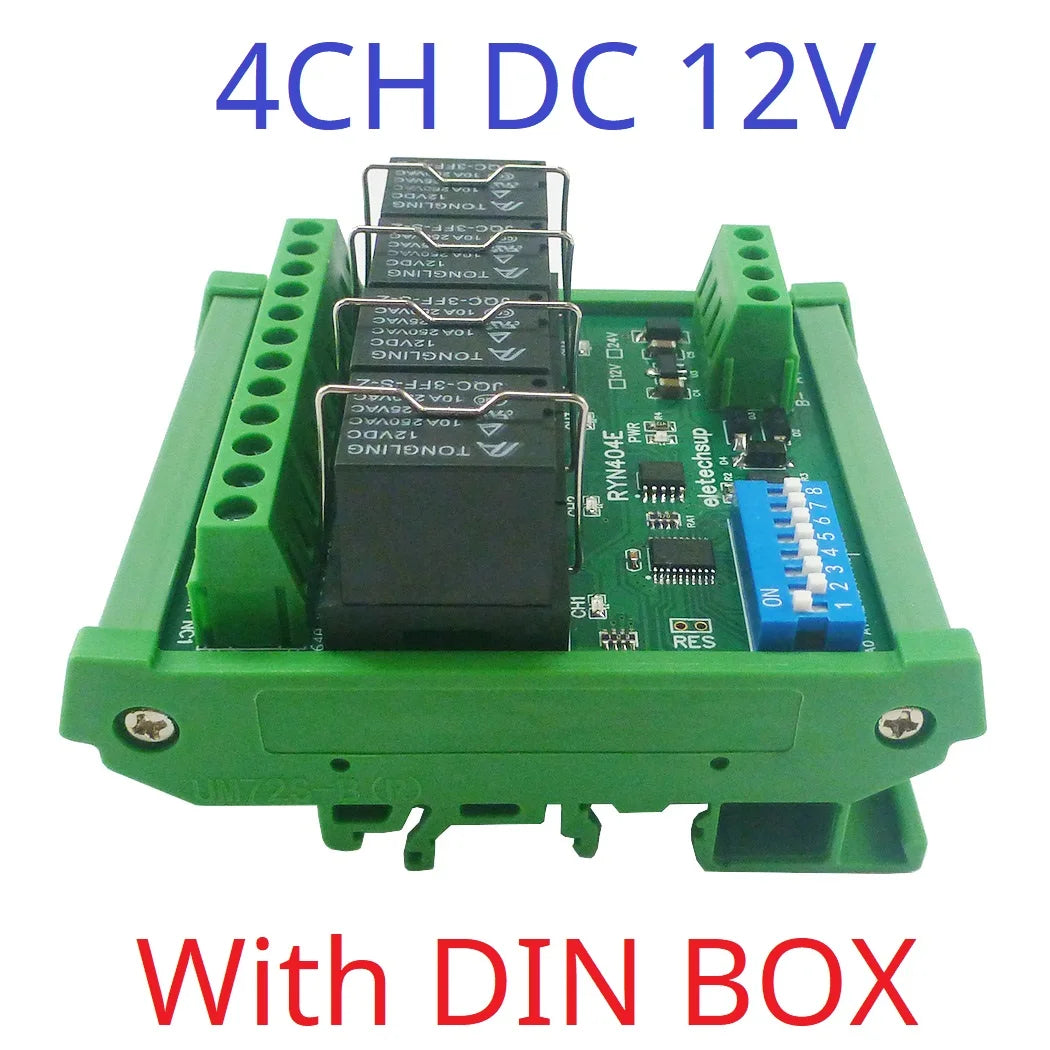 RYN404E/RYN408F 4/8CH Pluggable Relay Module – RS485 Modbus RTU with DIP Switch Slave ID & Baud Rate for PLC Automation