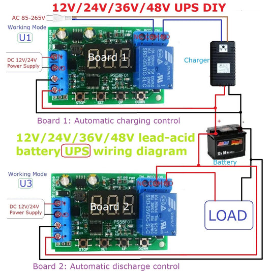 PS58F01 10A Battery Charger Discharger Module – 0-60V Auto Cut-Off Undervoltage Overvoltage Protection Board for 12V/24V/36V/48V Lead-Acid UPS DIY