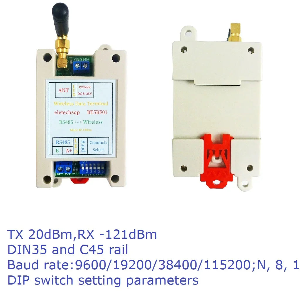 RT5BF01 433MHz DIN Rail RS485 Wireless Transceiver – 20dBm Modbus RTU Module with DIP Switch for PLC Industrial Automation