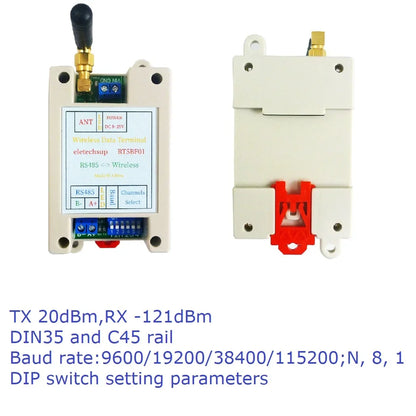 RT5BF01 433MHz DIN Rail RS485 Wireless Transceiver – 20dBm Modbus RTU Module with DIP Switch for PLC Industrial Automation