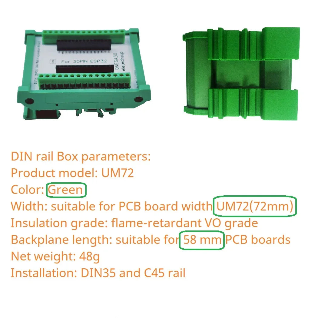 DNESA30 ESP32 DIN Rail Mount Screw Terminal Adapter – 3.96mm Breakout Board for 30/38-Pin ESP32 WROOM-32 DevKitC with DIN35/C45 Rail