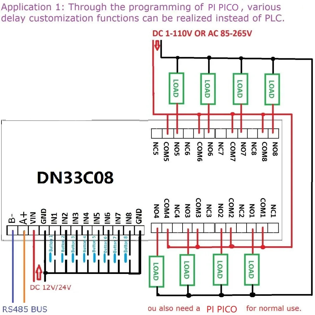 DN33C08 8CH RS485 Modbus RTU Relay Module – Multifunction Timer Expansion Board for Raspberry Pi Pico Simple PLC Python C++