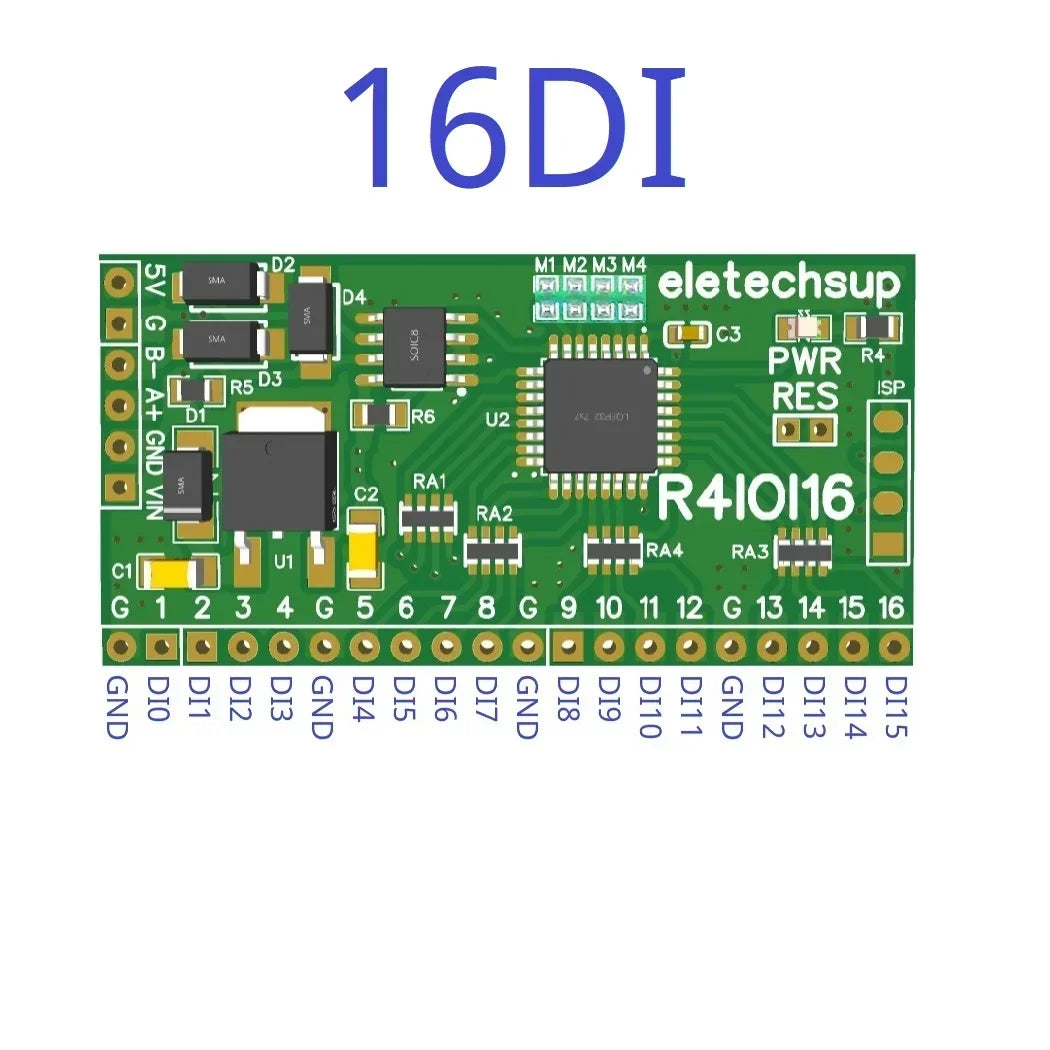 R4IOI16 16CH 5-in-1 Configurable Modbus RTU Digital IO Module – 16DI/16DO/8DI-8DO/4DI-12DO/12DI-4DO RS485 NPN/PNP Pin Core Board for PLC Expansion