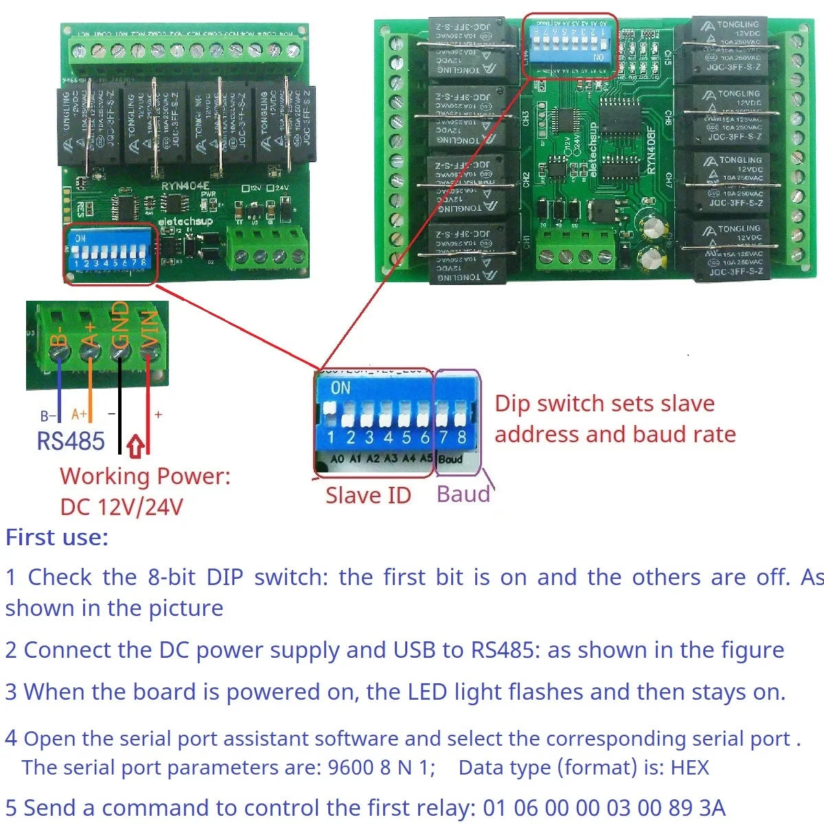T73 Plug-in Relay Module – RS485 Modbus RTU Remote IO Controller with Momentary Latching Interlock Delay Switch for DIY Smart Home RYN404E/RYN408F