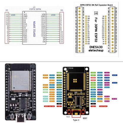 DNESA30 ESP32 DIN Rail Mount Screw Terminal Adapter – 3.96mm Breakout Board for 30/38-Pin ESP32 WROOM-32 DevKitC with DIN35/C45 Rail