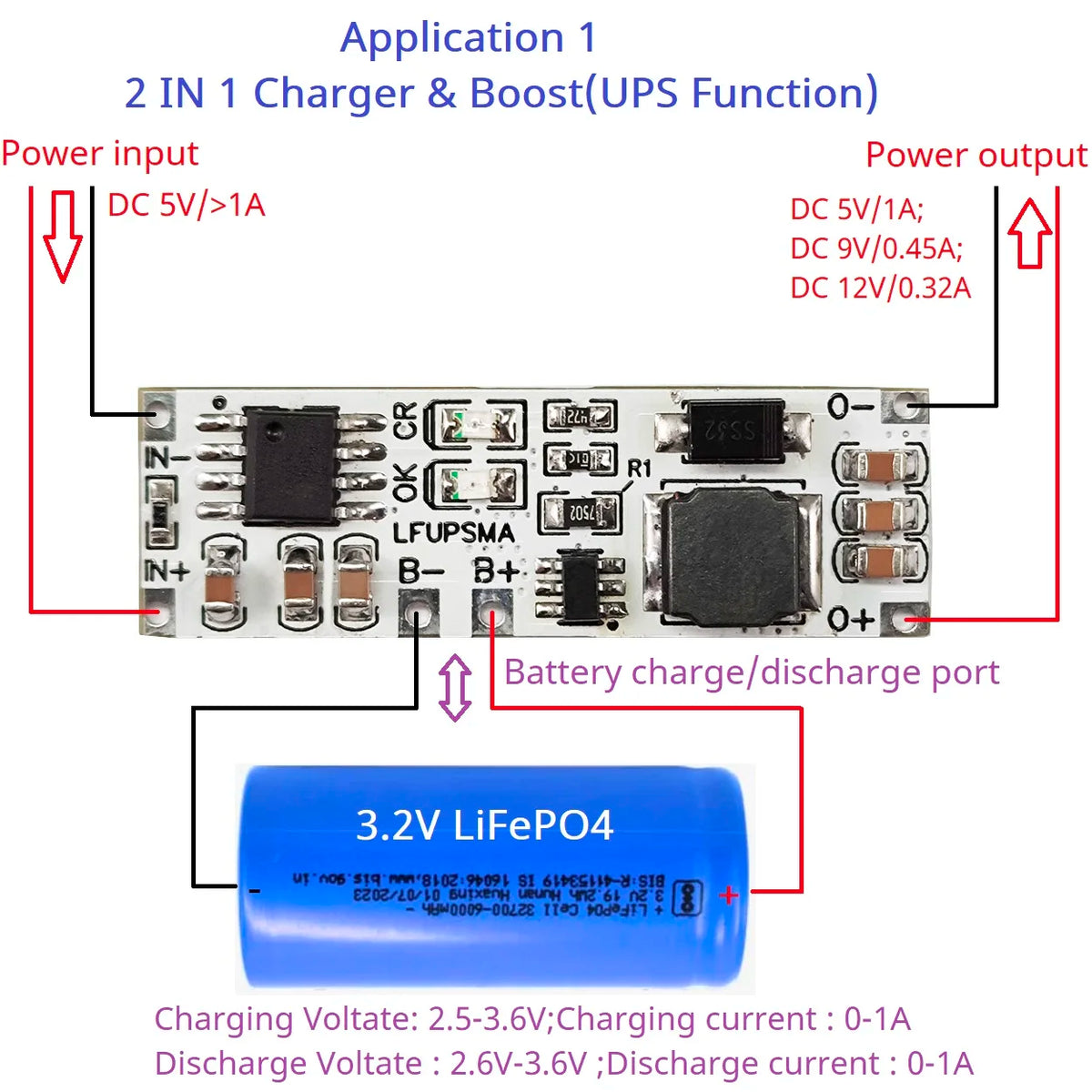 LFUPSMA 2-in-1 LiFePO4 UPS Module – 3.2V to 5V/9V/12V Boost Converter with Battery Charger for Arduino ESP32 ESP8266 WiFi IoT