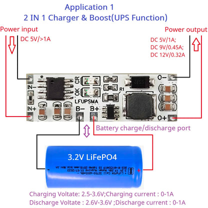 LFUPSMA 2-in-1 LiFePO4 UPS Module – 3.2V to 5V/9V/12V Boost Converter with Battery Charger for Arduino ESP32 ESP8266 WiFi IoT