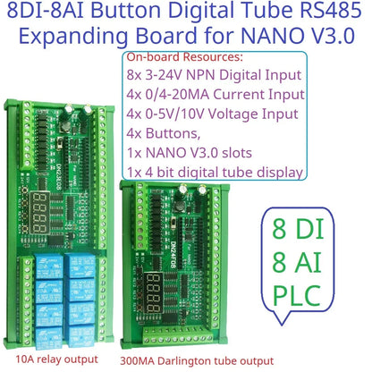DN23E08/DN24F08 8DI-8AI-8DO IO Expansion Board for Arduino Nano V3.0 – RS485 Modbus RTU PLC Module with 4-20mA/0-10V Analog Input