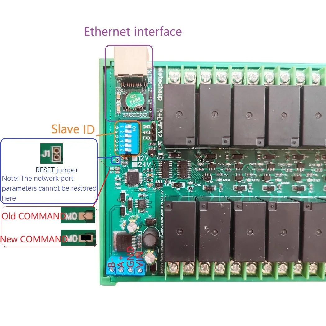 R4D5E32 32-Channel 20A High-Current Relay Module, DC 12V/24V, Ethernet and RS485 Modbus TCP/RTU for Automation Control