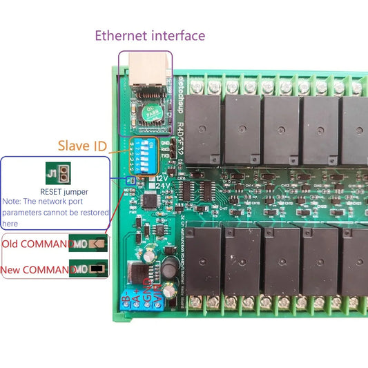 R4D5E32 32-Channel 20A High-Current Relay Module, DC 12V/24V, Ethernet and RS485 Modbus TCP/RTU for Automation Control