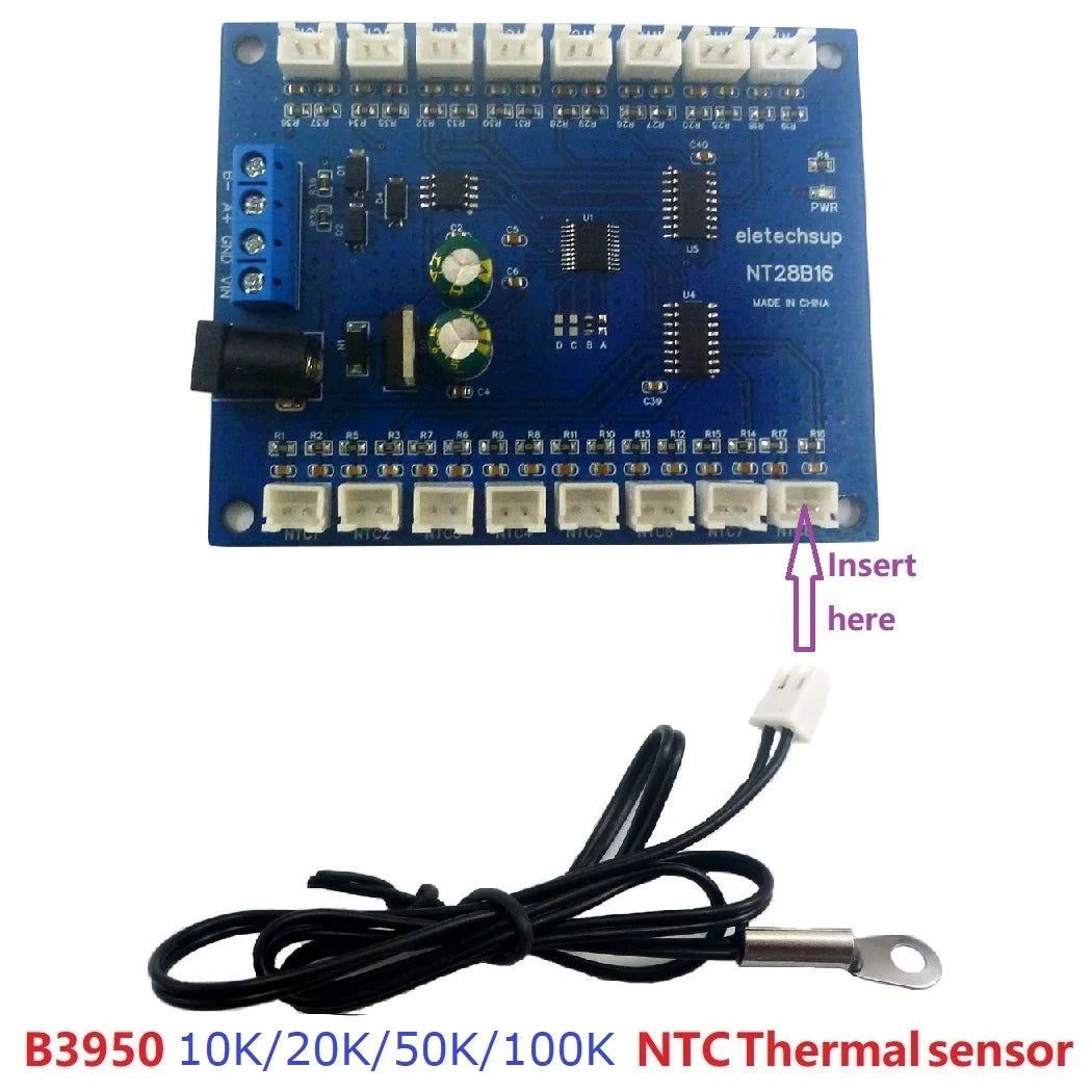 NT28B16 16CH RS485 Temperature Collector – Modbus RTU Paperless Recorder with 10K/20K/50K/100K B3950 NTC Sensor for PLC SCADA