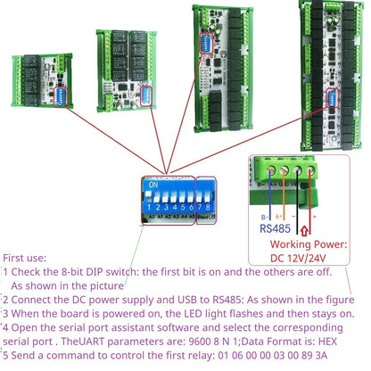 RYR404 RYR408B RYR416C RYR432D 4–32 Channel RS485 Relay Module, DC 12V/24V, Modbus RTU Control Board for PLC and HMI