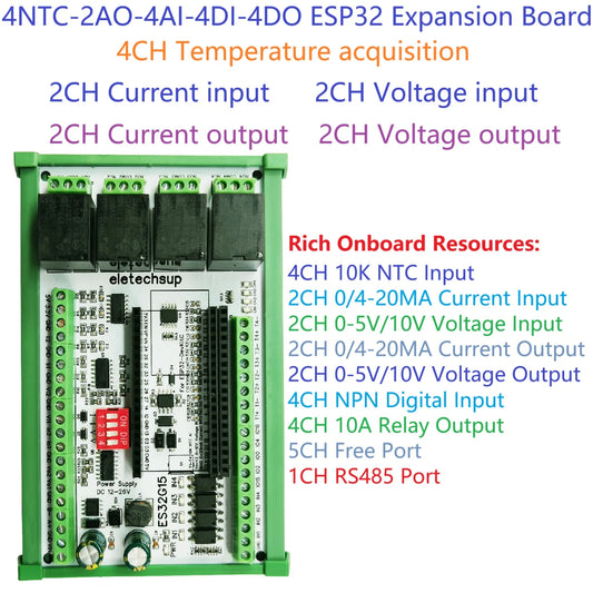 ES32G15 WiFi RS485 Remote I/O Control Baseboard for ESP32-DevKitC with NTC, AI/AO and DI/DO for Arduino and PLC Automation