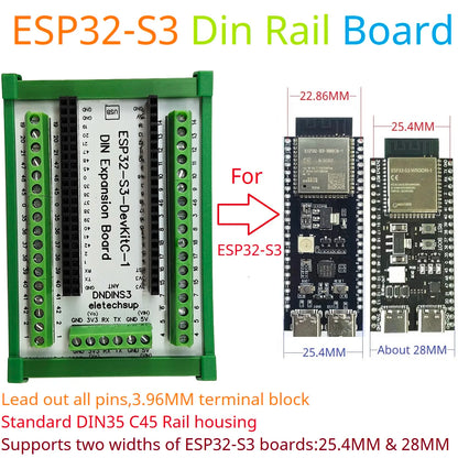 DNDINS3 DIN Rail ESP32-S3 Development Board – N16R8/N8R8 GPIO Expansion Module with 3.96mm Screw Terminals for Industrial IoT Arduino