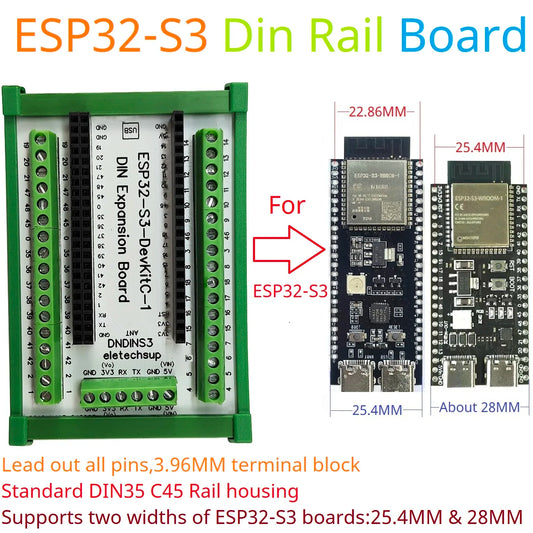 DNDINS3 DIN Rail ESP32-S3 Development Board – N16R8/N8R8 GPIO Expansion Module with 3.96mm Screw Terminals for Industrial IoT Arduino
