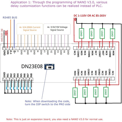 DN23E08/DN24F08 8DI-8AI-8DO IO Expansion Board for Arduino Nano V3.0 – RS485 Modbus RTU PLC Module with 4-20mA/0-10V Analog Input
