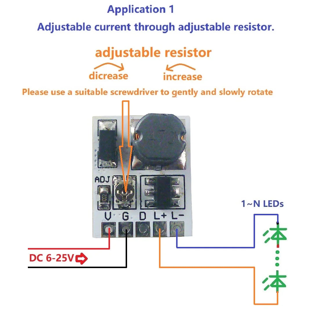 LD24AJTA_MINI 22W LED Driver Module – 6-25V 910mA Adjustable Constant Current Step-Down Converter with 5000:1 PWM Dimming for Arduino
