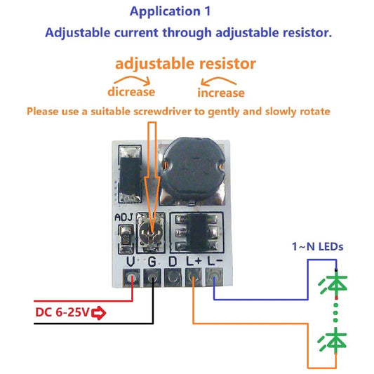 LD24AJTA_MINI 22W LED Driver Module – 6-25V 910mA Adjustable Constant Current Step-Down Converter with 5000:1 PWM Dimming for Arduino
