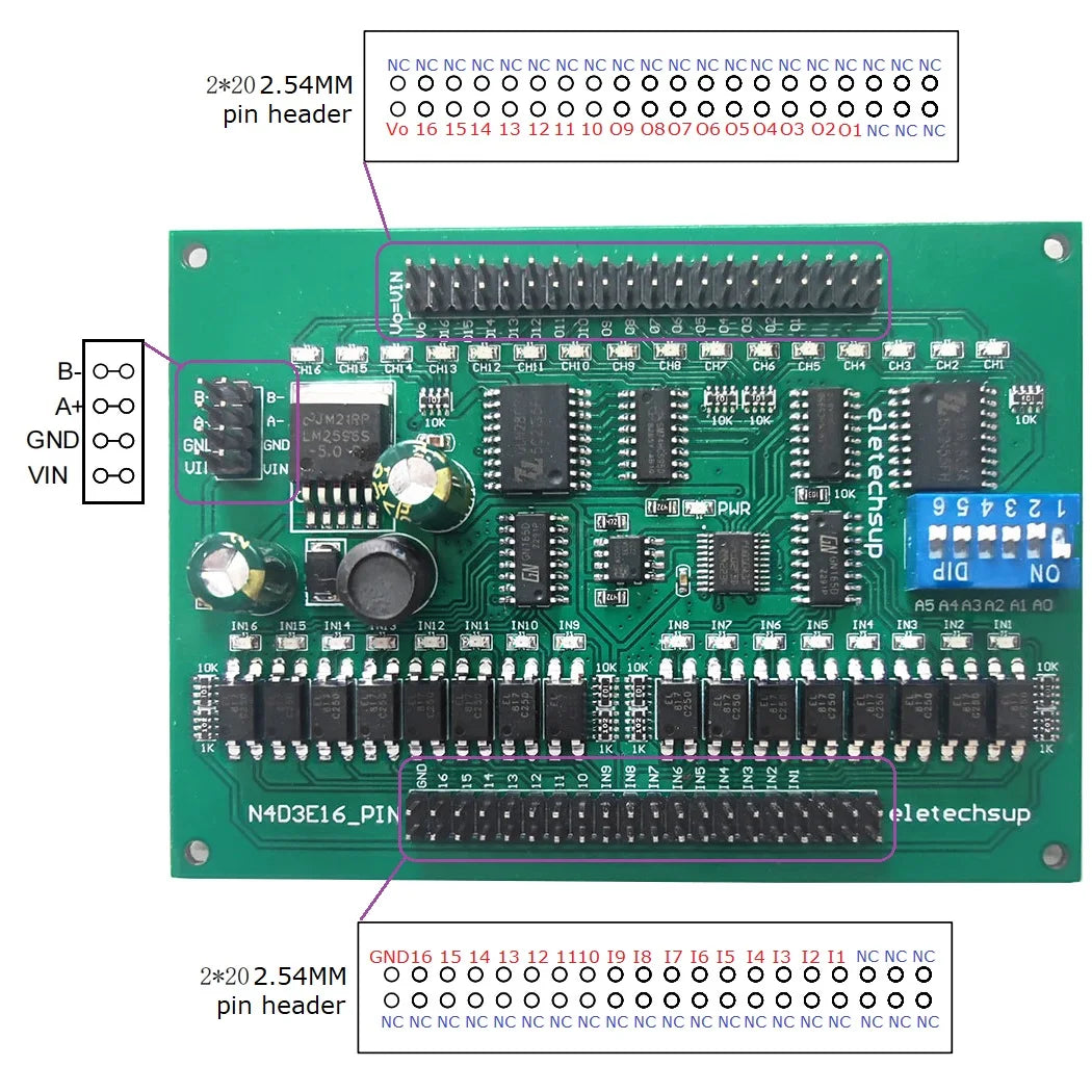 N4D3E16 16DI 16DO RS485 Modbus RTU Remote I/O Module, DC 9V/12V/24V, Digital Switch Control Board for PLC and HMI
