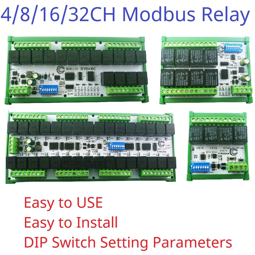 RYR404 RYR408B RYR416C RYR432D 4–32 Channel RS485 Relay Module, DC 12V/24V, Modbus RTU Control Board for PLC and HMI
