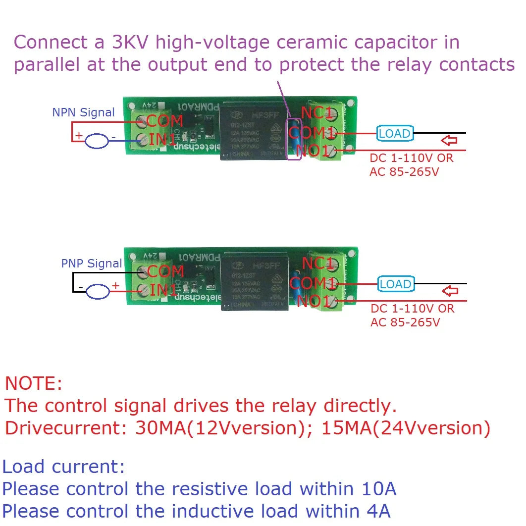 PDMRA01 Single-Channel PLC Signal Amplifier Relay Module, DC 12V/24V, NPN and PNP Switching Interface Board